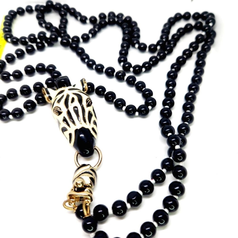 Vtg Two Strand Faux Onyx Glass Bead Zebra Pendant Animal Safari Heavy Necklace